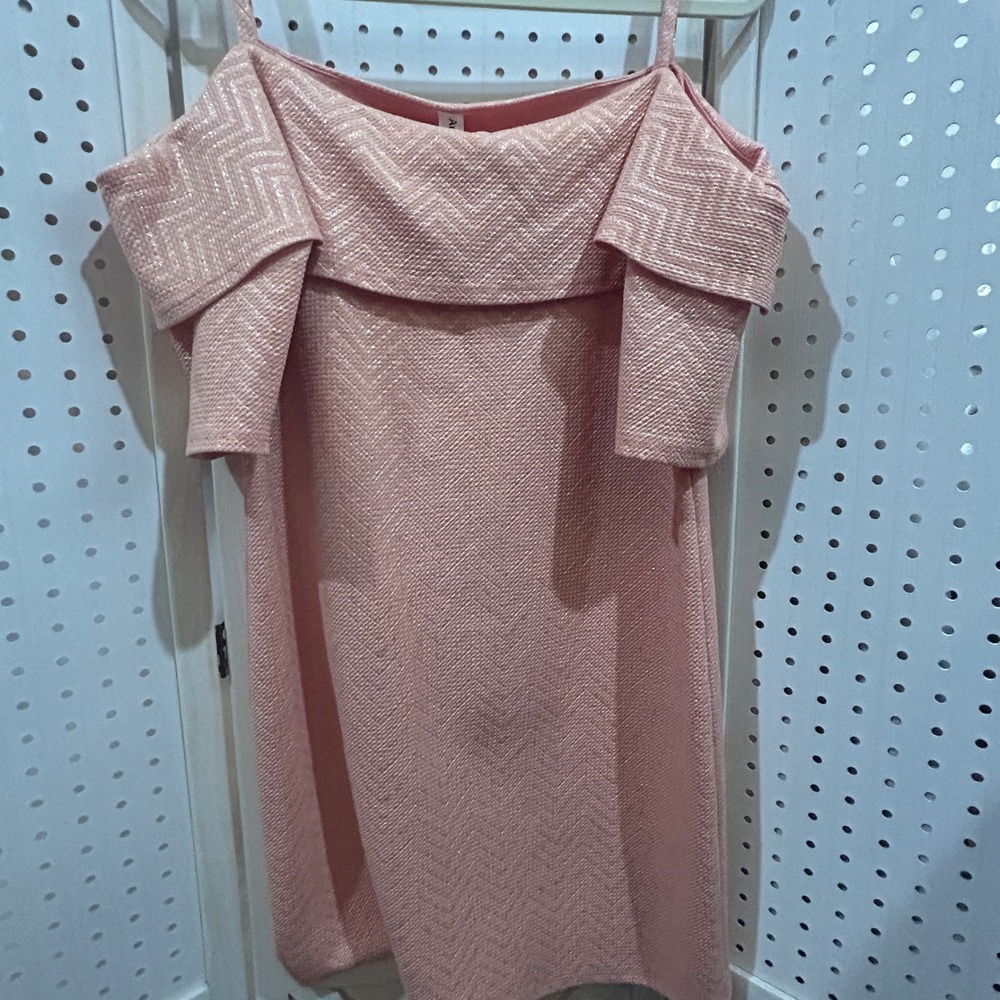 Audrey Ann Pink Textured Cold Shoulder Ruffle Dress Metallic Patterned - Picture 2 of 9